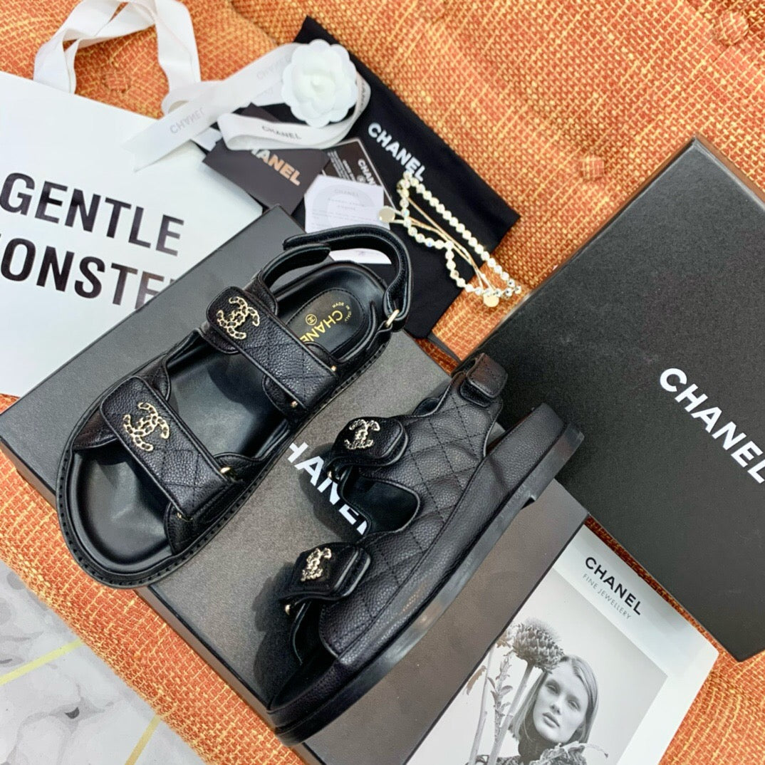 CHANEL dad sandals black leather