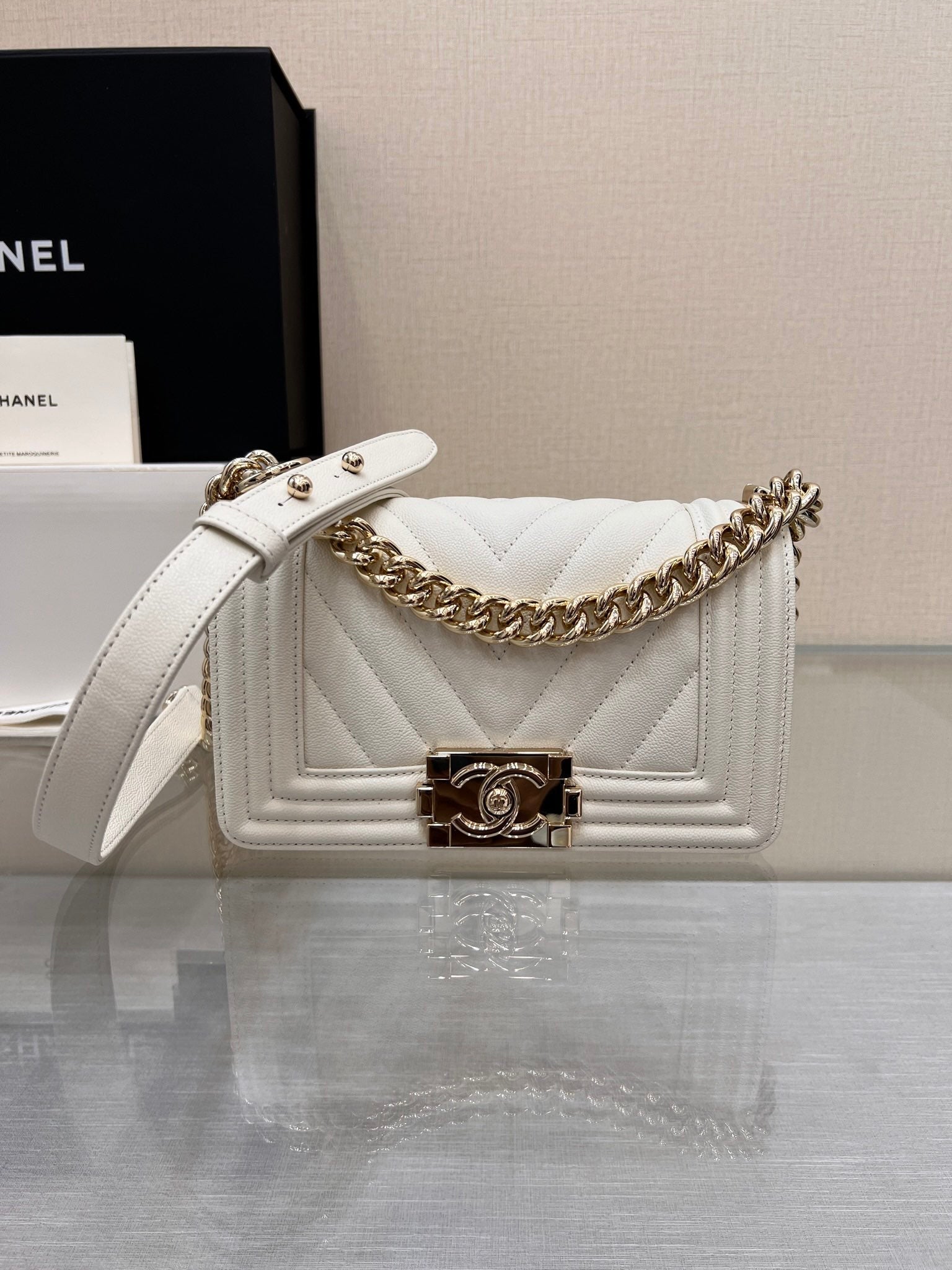 CHANEL BOY BAG SMALL 20 WHITE CHEVRON CAVIAR GOLD HARDWARE