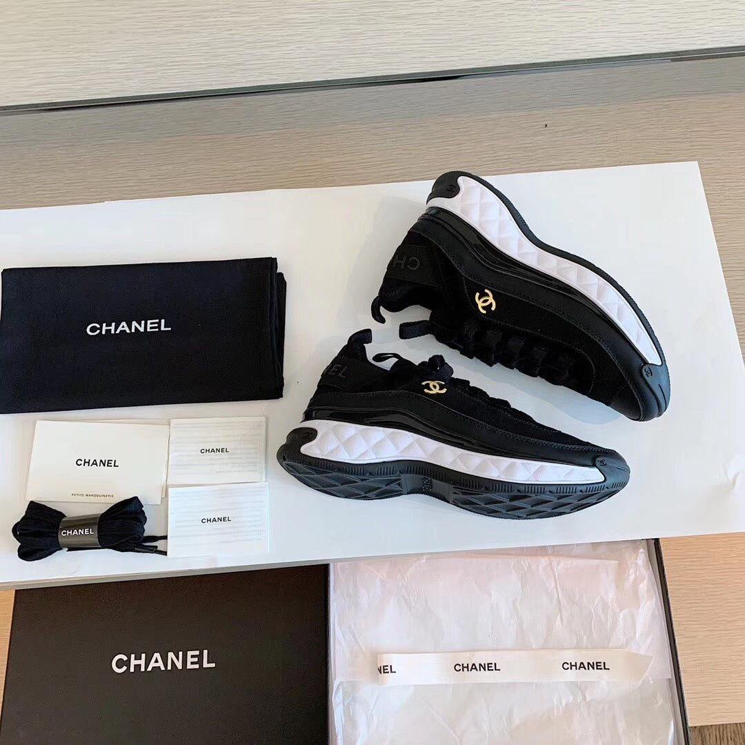 CHANEL Bubble Quilted Trainer Sneaker Black White