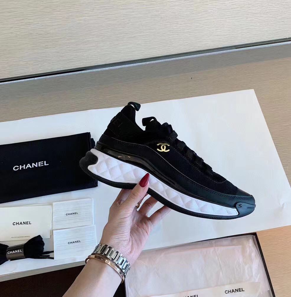 CHANEL Bubble Quilted Trainer Sneaker Black White