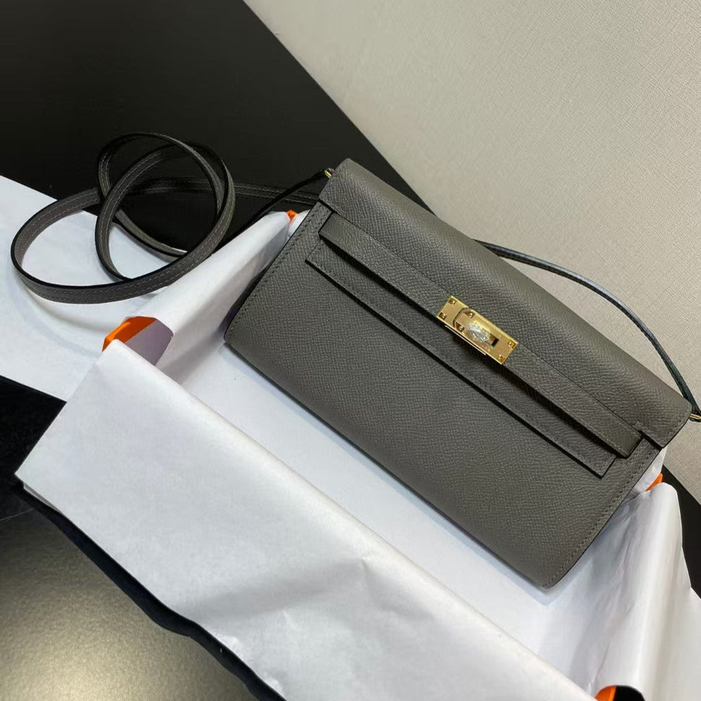 HERMES KELLY CLASSIQUE TO GO WALLET EPSOM 20 IN GREY WITH GOLD HARDWARE