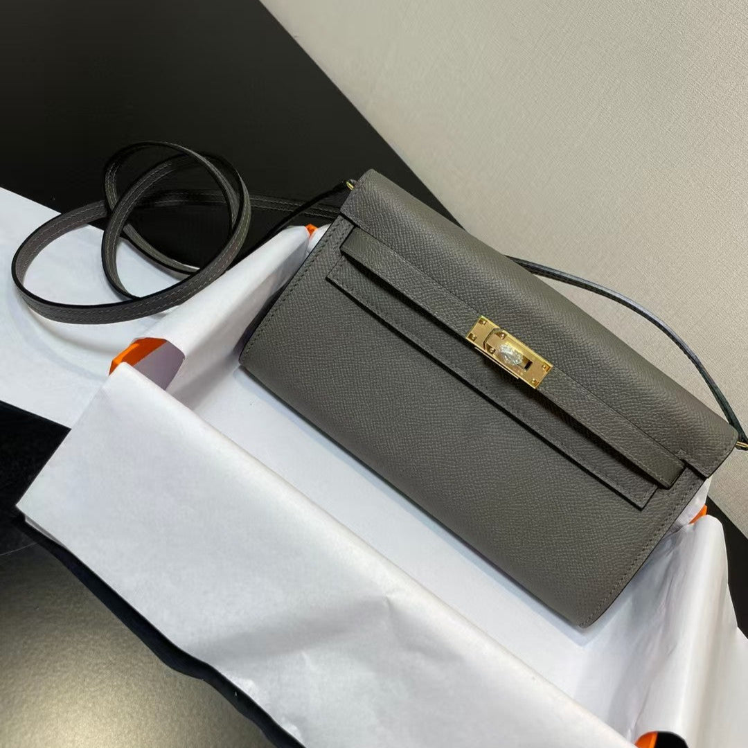 HERMES KELLY CLASSIQUE TO GO WALLET EPSOM 20 IN GREY WITH GOLD HARDWARE
