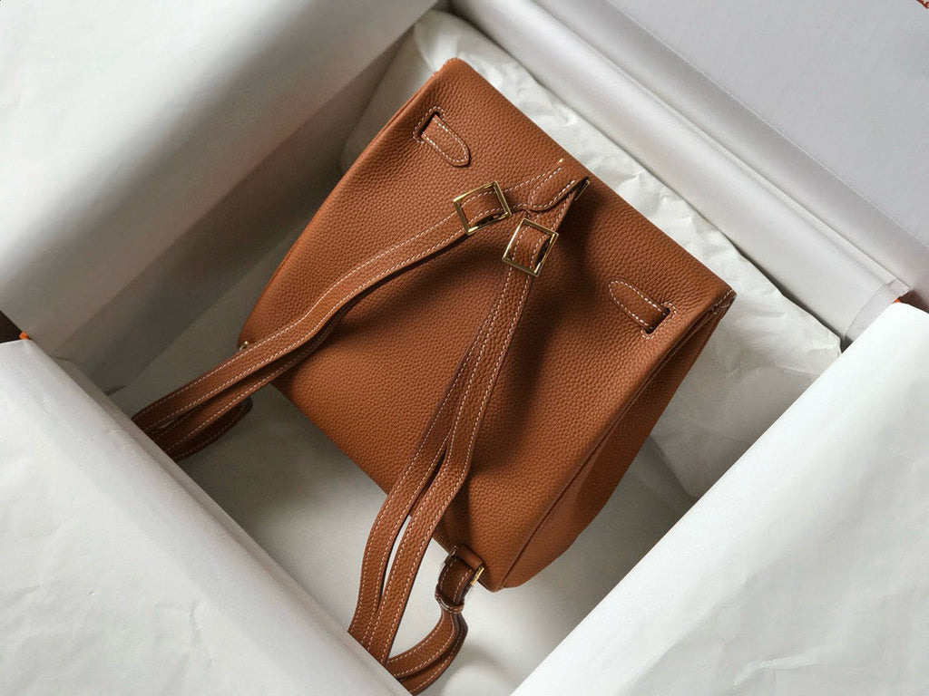 HERMES KELLY ADO 22 TOGO BACKPACK IN BROWN CALFSKIN GOLD HARDWARE