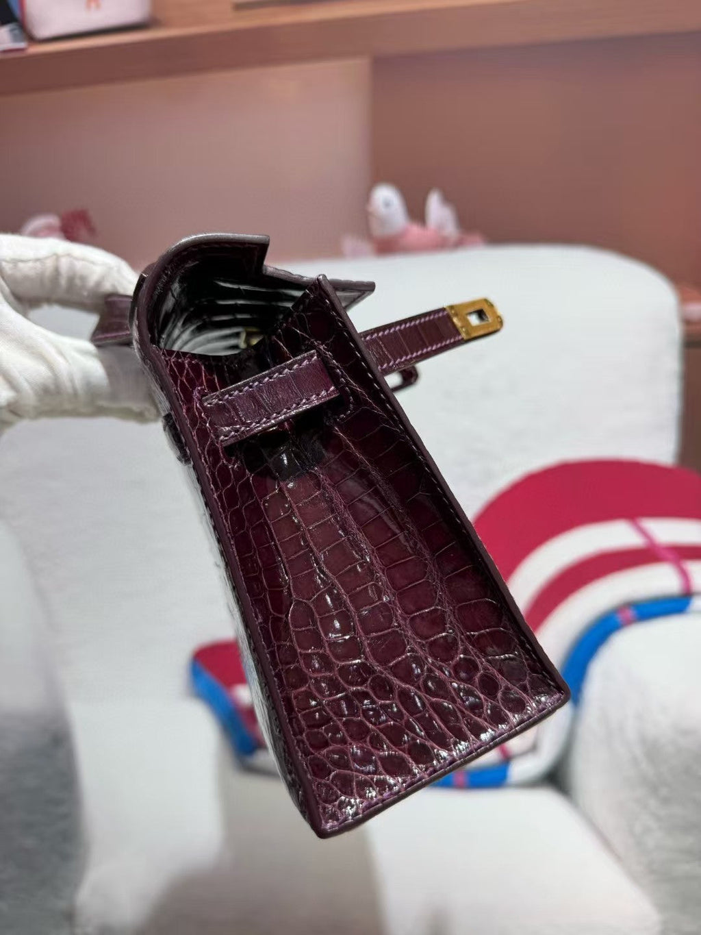 HERMES KELLY MINI 22 BORDEAUX RED AMERICAN ALLIGATOR GOLD BUCKLE