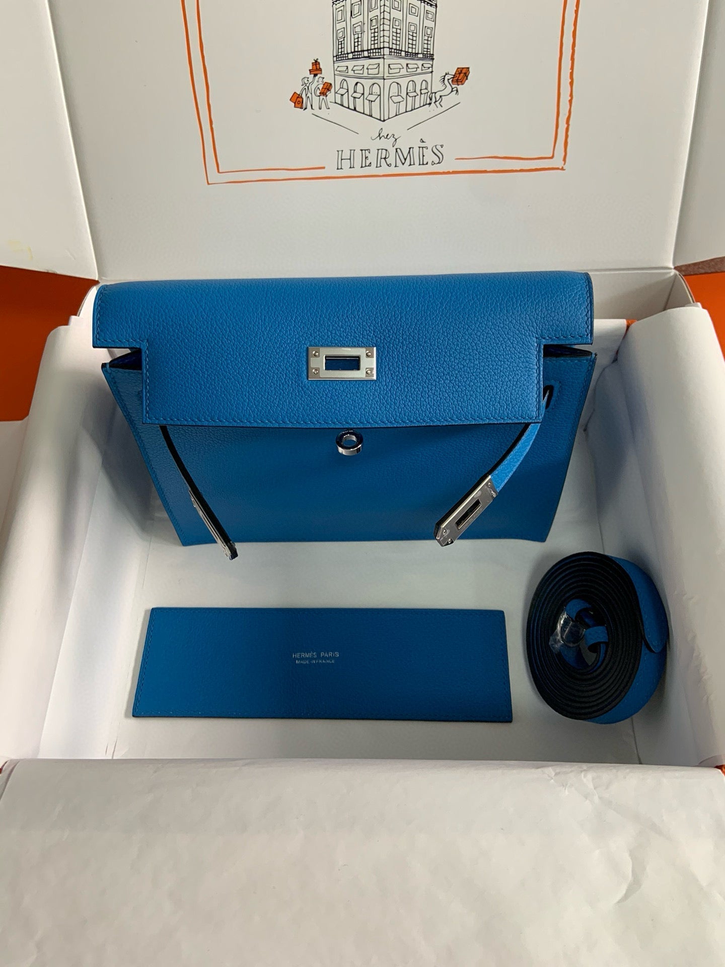 HERMES KELLY DANSE 22 EVERCOLOR BLUE IN CALFSKIN SLIVER HARDWARE