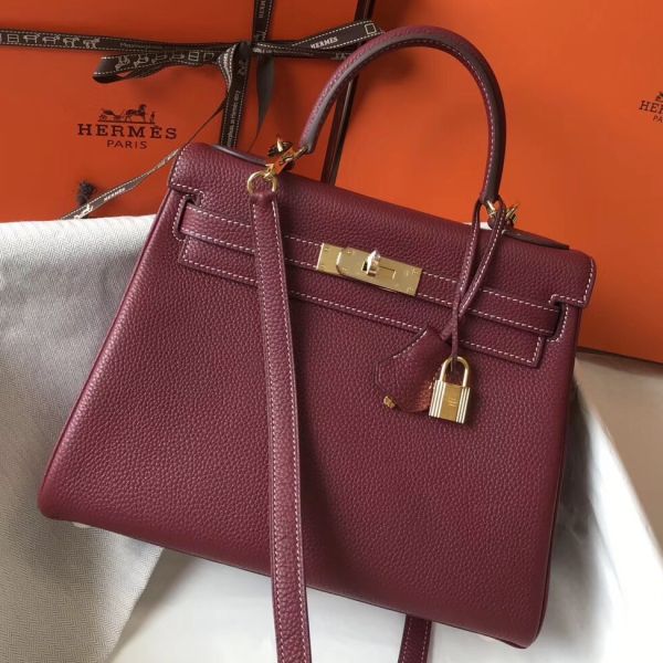 HERMES KELLY 28CM IN BURGUNDY RED CALFSKIN GOLD HARDWARE - PRE ORDER
