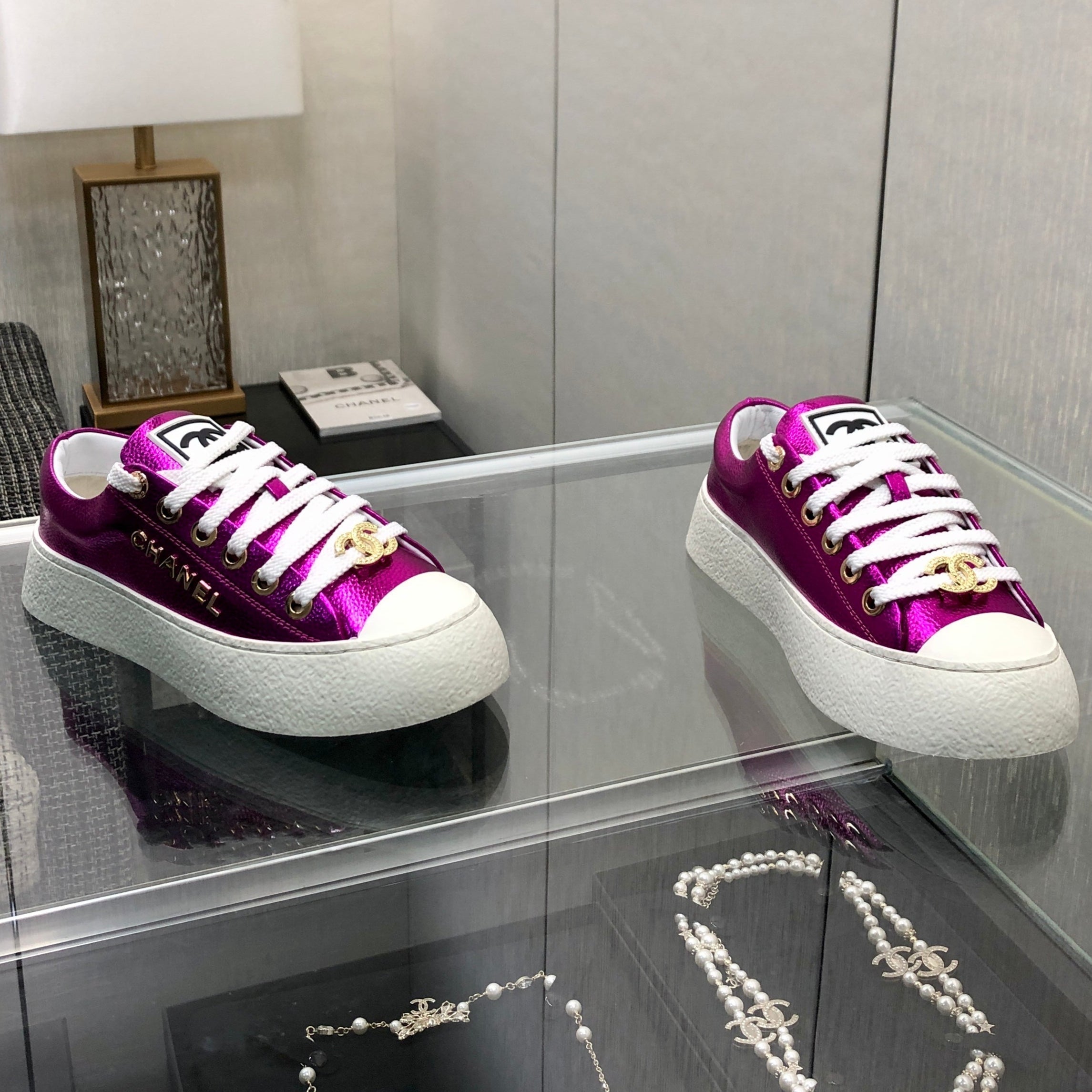 CHANEL CASUAL SNEAKER IN MAGENTA PURPLE METALLIC LAMBSKIN WITH GOLD LOGO