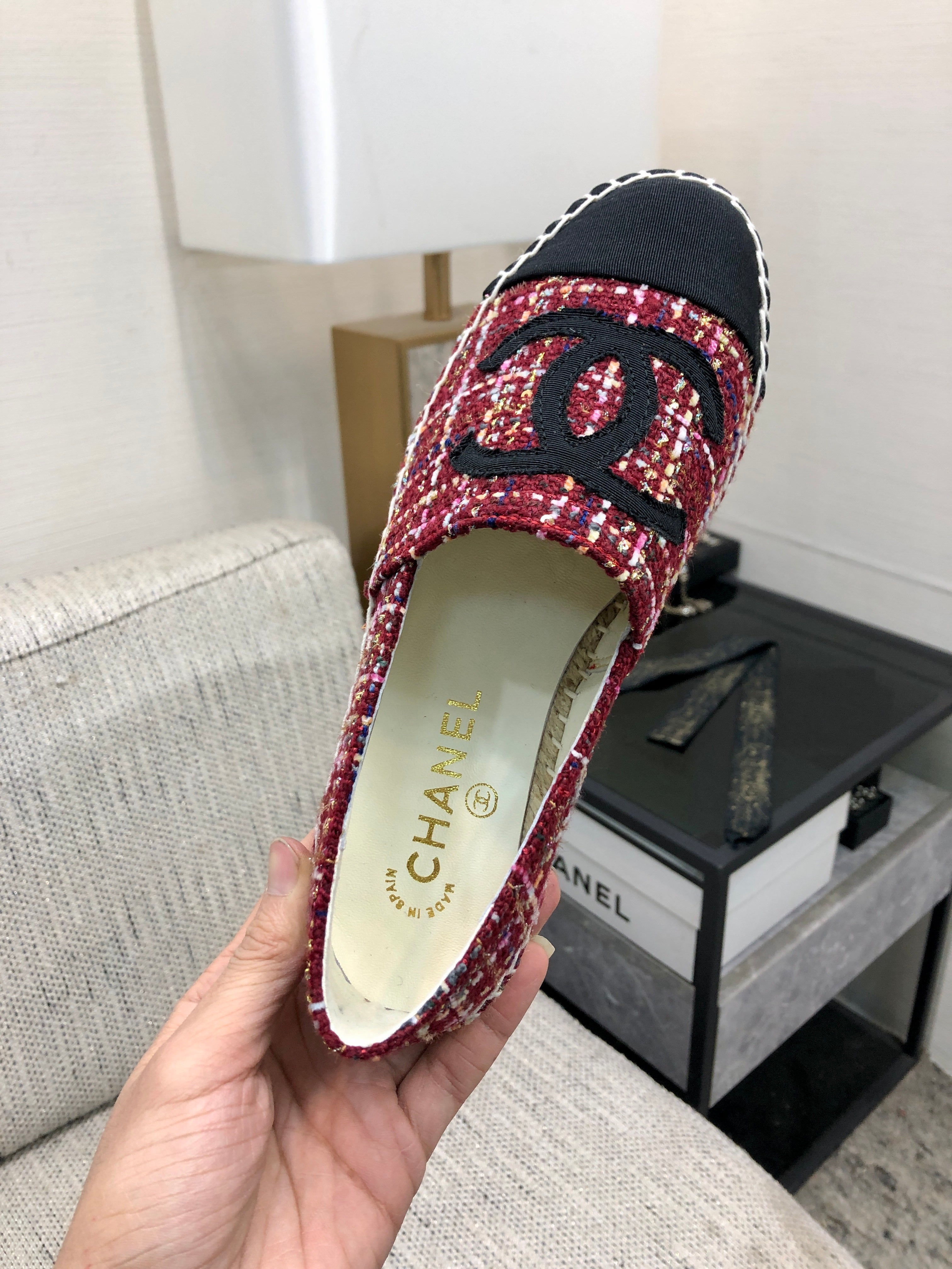 CHANEL ESPADRILLE BLACK MIX CRIMSON RED TWEED FABRIC FLATS
