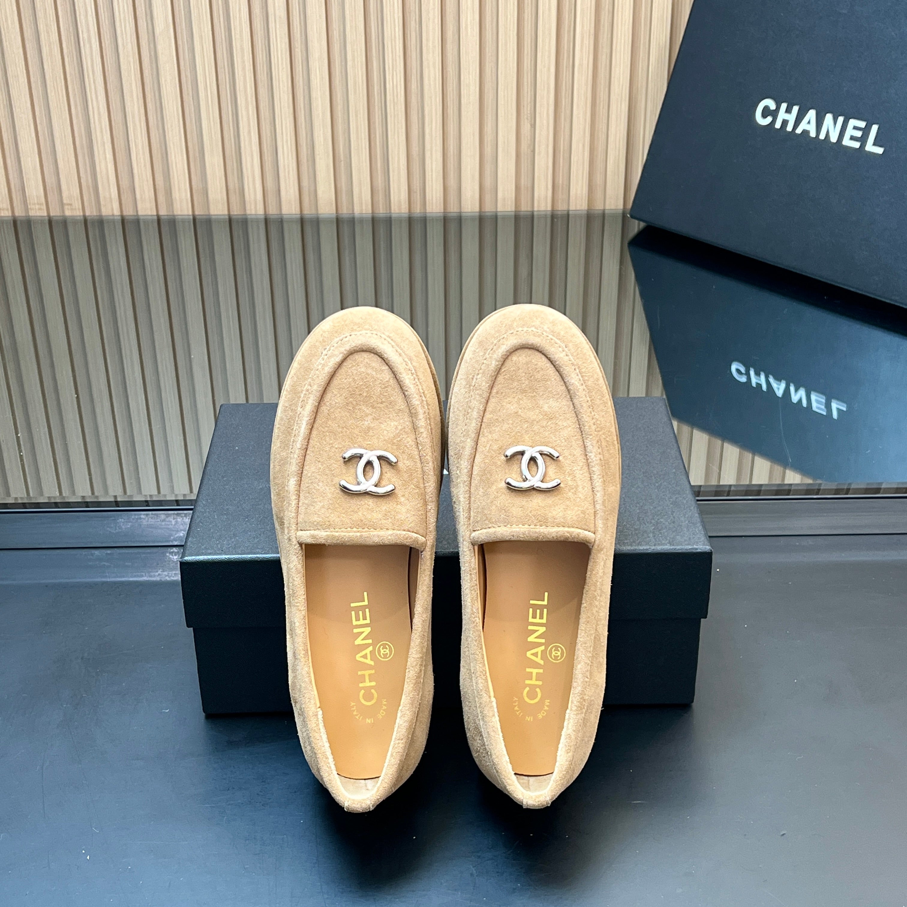 CHANEL 25S TEDDY LOAFER 15MM IN LIGHT BROWN SUEDE SILVER HARDWARE