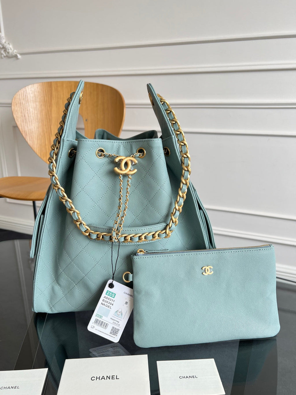 CHANEL 25S HOBO BAG 40 IN SOFT TEAL BLUE CAVIAR WITH GOLD HARDWARE