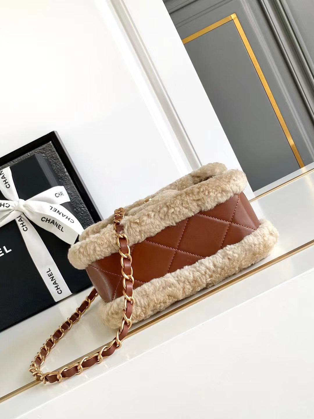 CHANEL MINI FLAP BAG 18 IN BEIGE WOOL AND GINGER ORANGE CALFSKIN GOLD HARDWARE