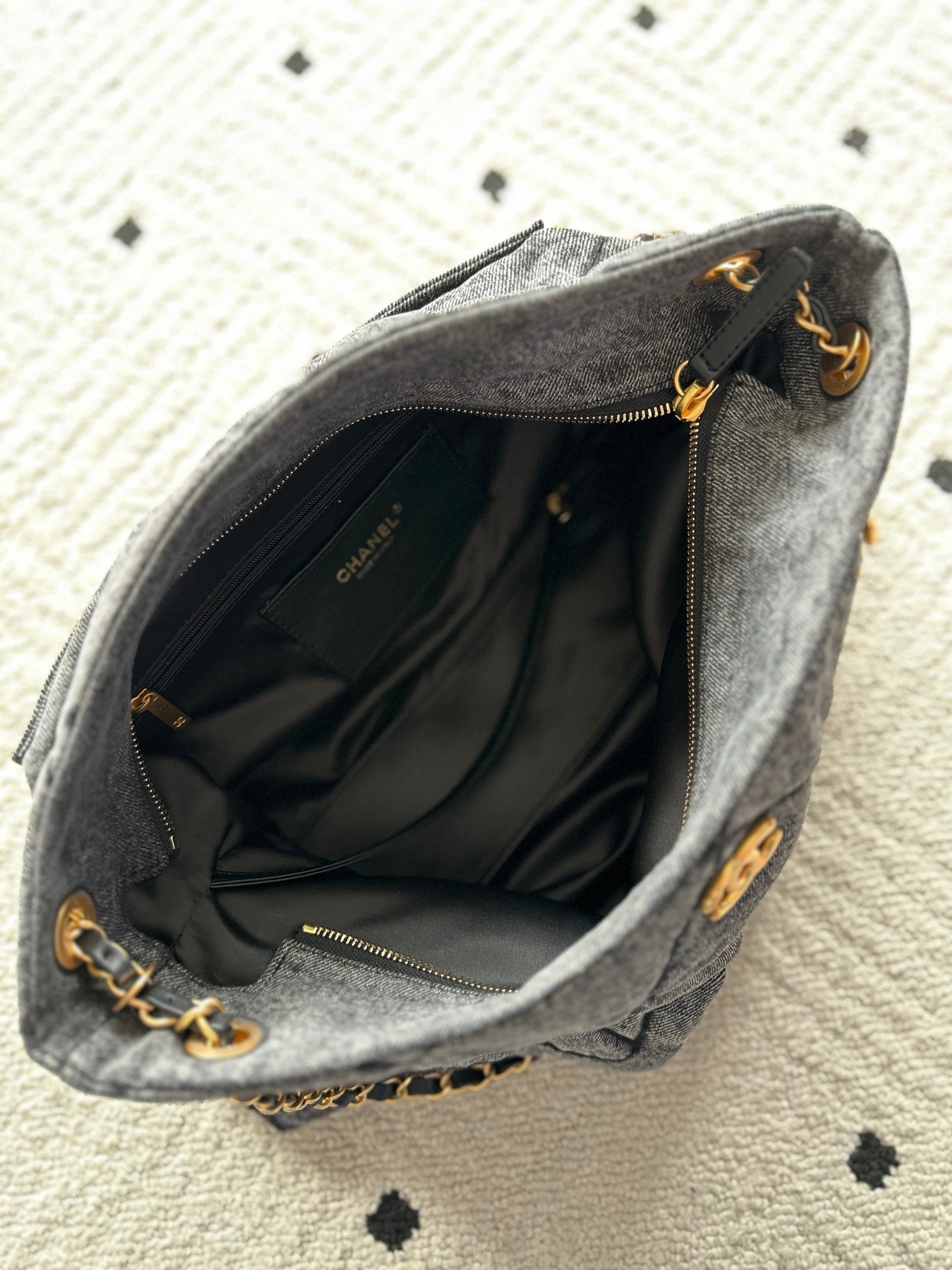 CHANEL 25S HOBO BAG 38 IN DARK GREY DENIM WITH GOLD HARDWARE