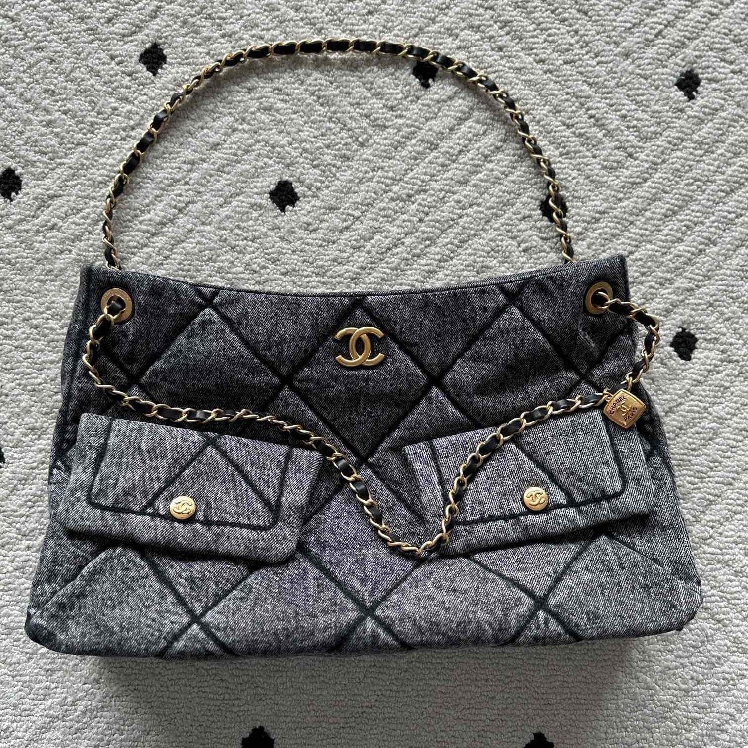 CHANEL 25S HOBO BAG 38 IN DARK GREY DENIM WITH GOLD HARDWARE
