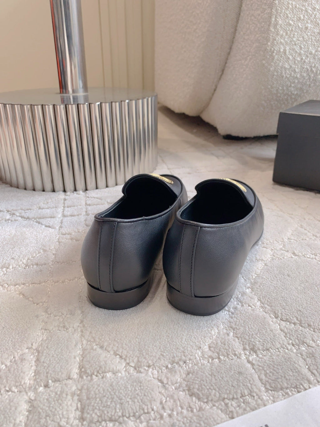 CHANEL 25S LOAFERS WITH LARGE LOGO IN BLACK CALFSKIN GOLD HARDWARE