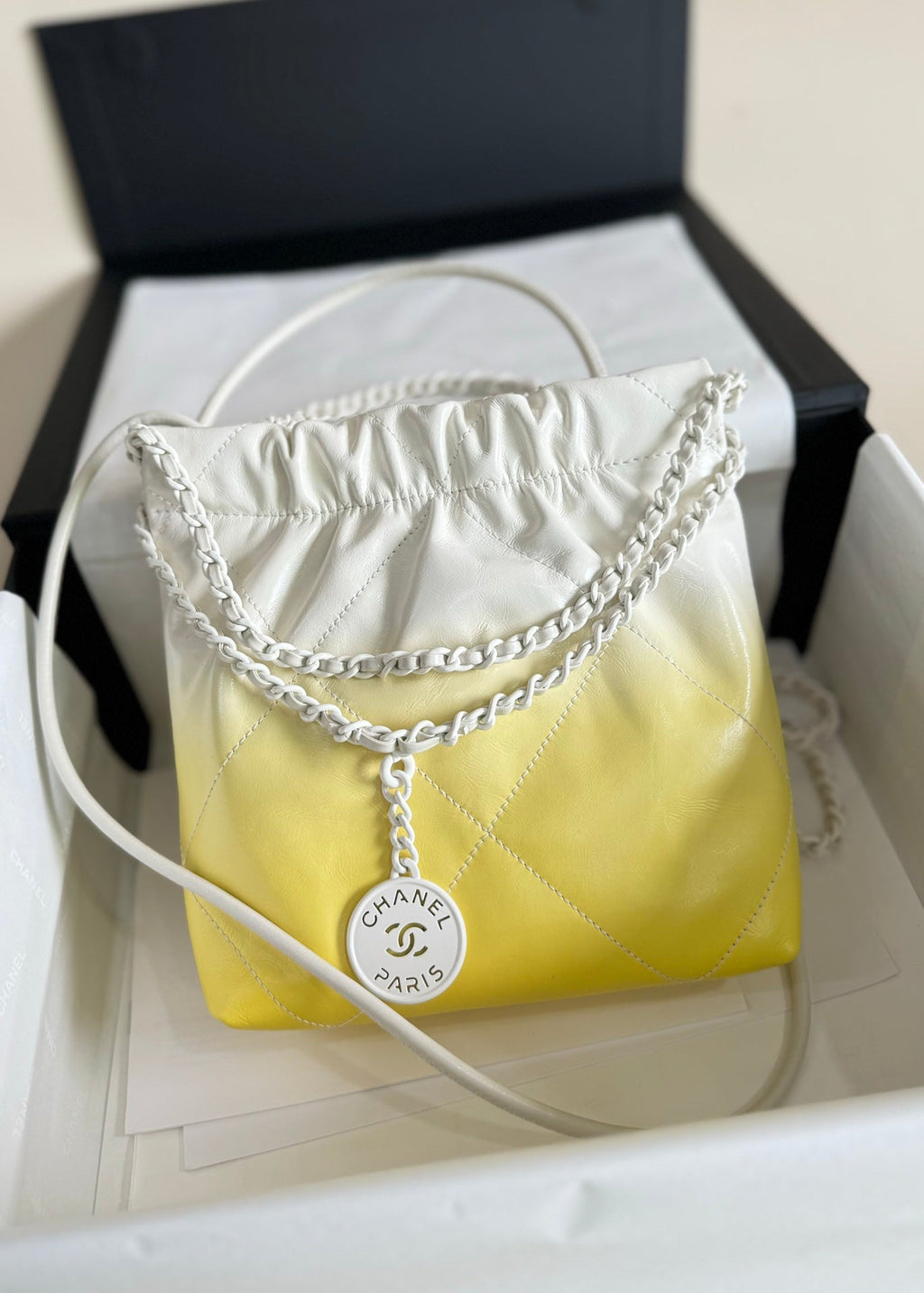 CHANEL HOBO MINI 20CM YELLOW WHITE LAMBSKIN