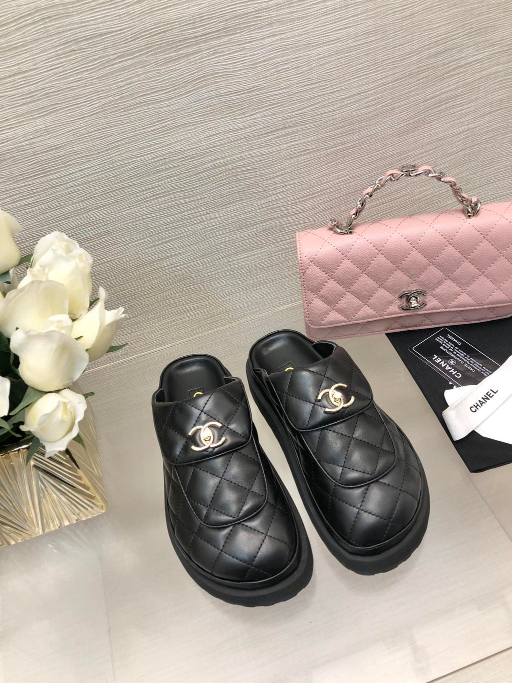 CHANEL TURNLOCK FLAP MULES BLACK LAMBSKIN