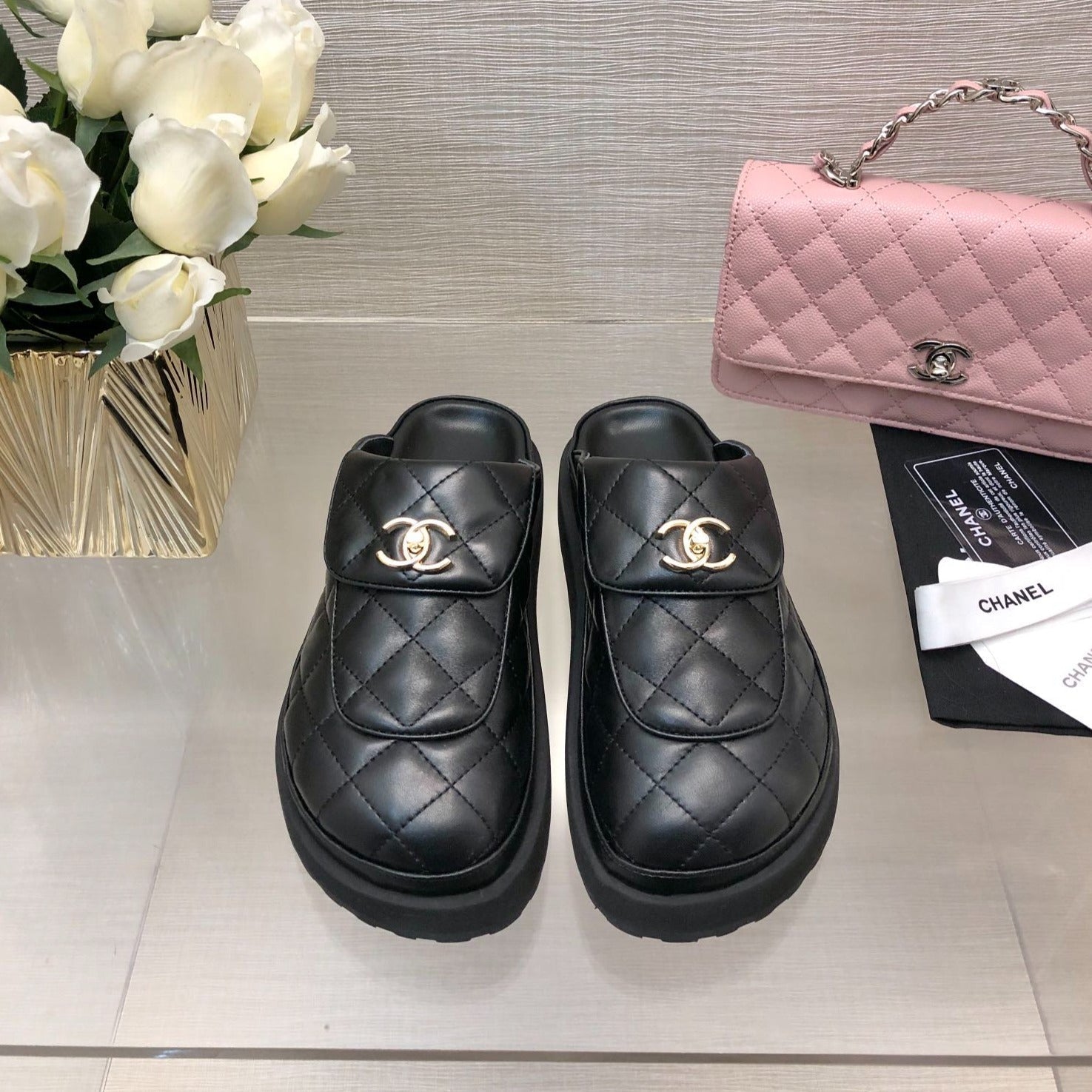 CHANEL TURNLOCK FLAP MULES BLACK LAMBSKIN