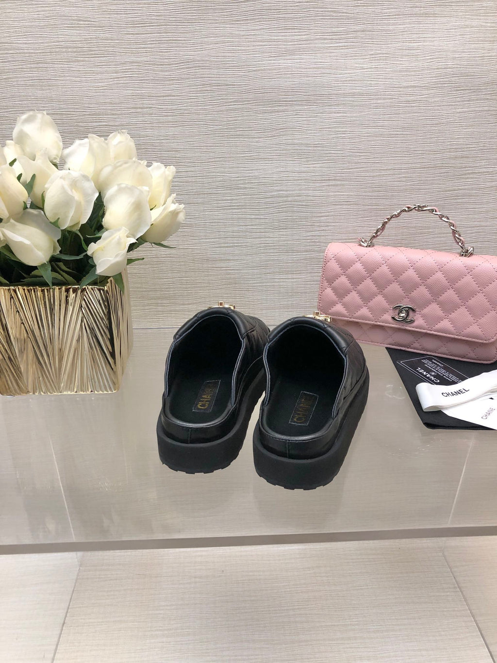 CHANEL TURNLOCK FLAP MULES BLACK LAMBSKIN
