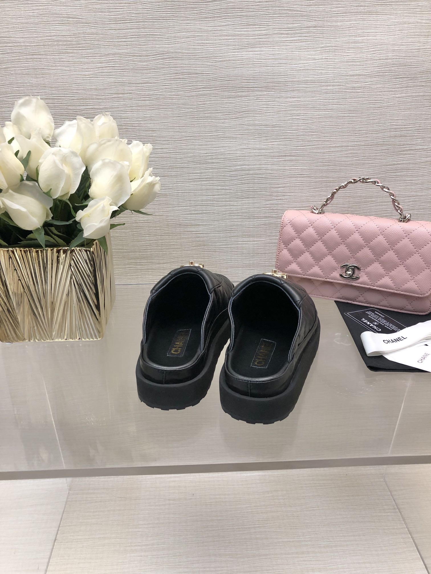 CHANEL TURNLOCK FLAP MULES BLACK LAMBSKIN