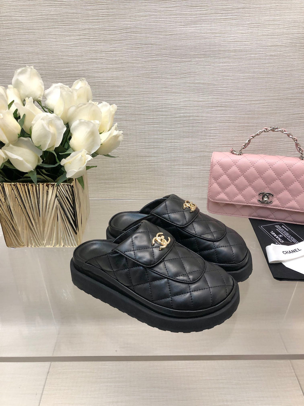 CHANEL TURNLOCK FLAP MULES BLACK LAMBSKIN