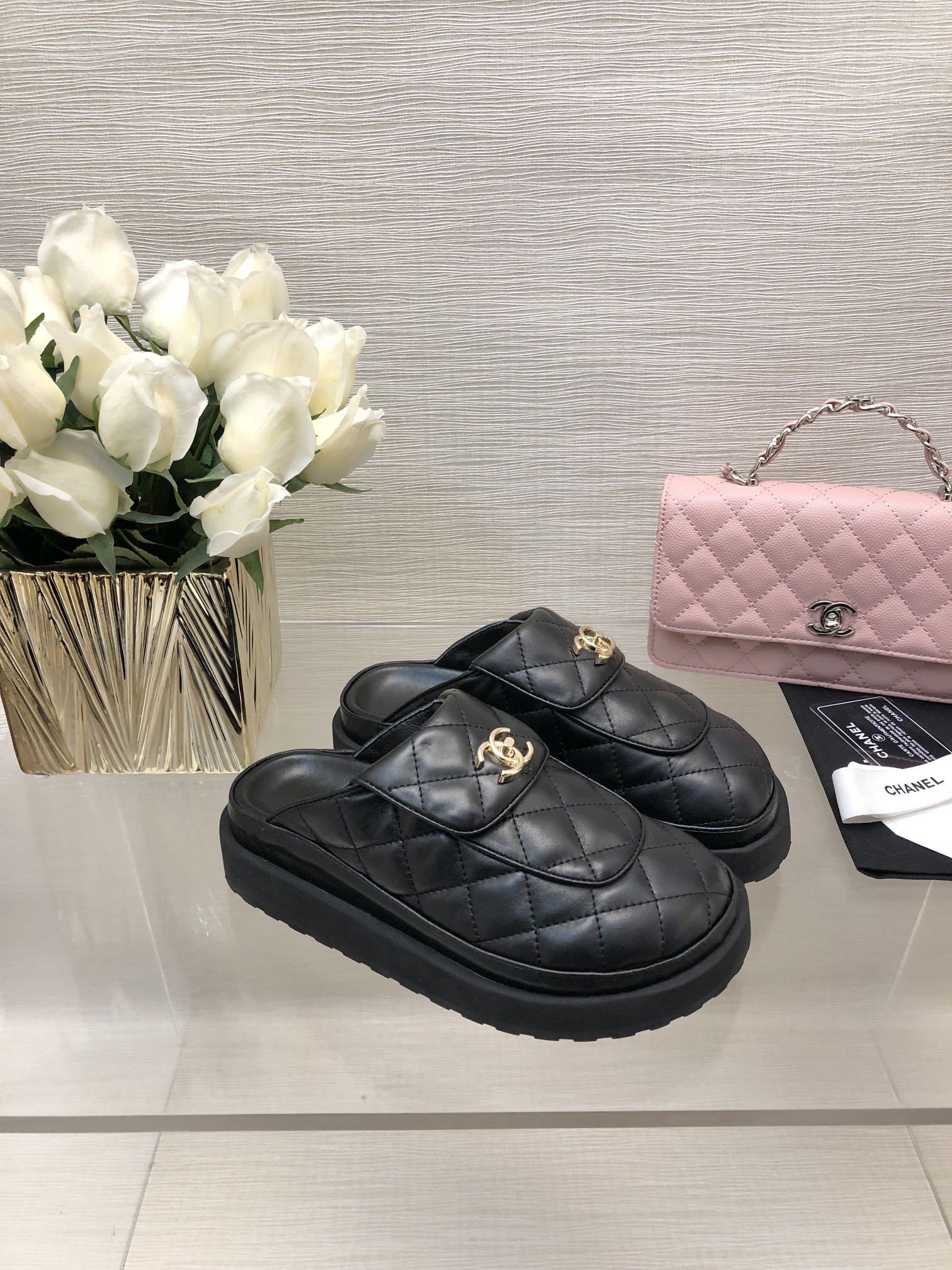 CHANEL TURNLOCK FLAP MULES BLACK LAMBSKIN