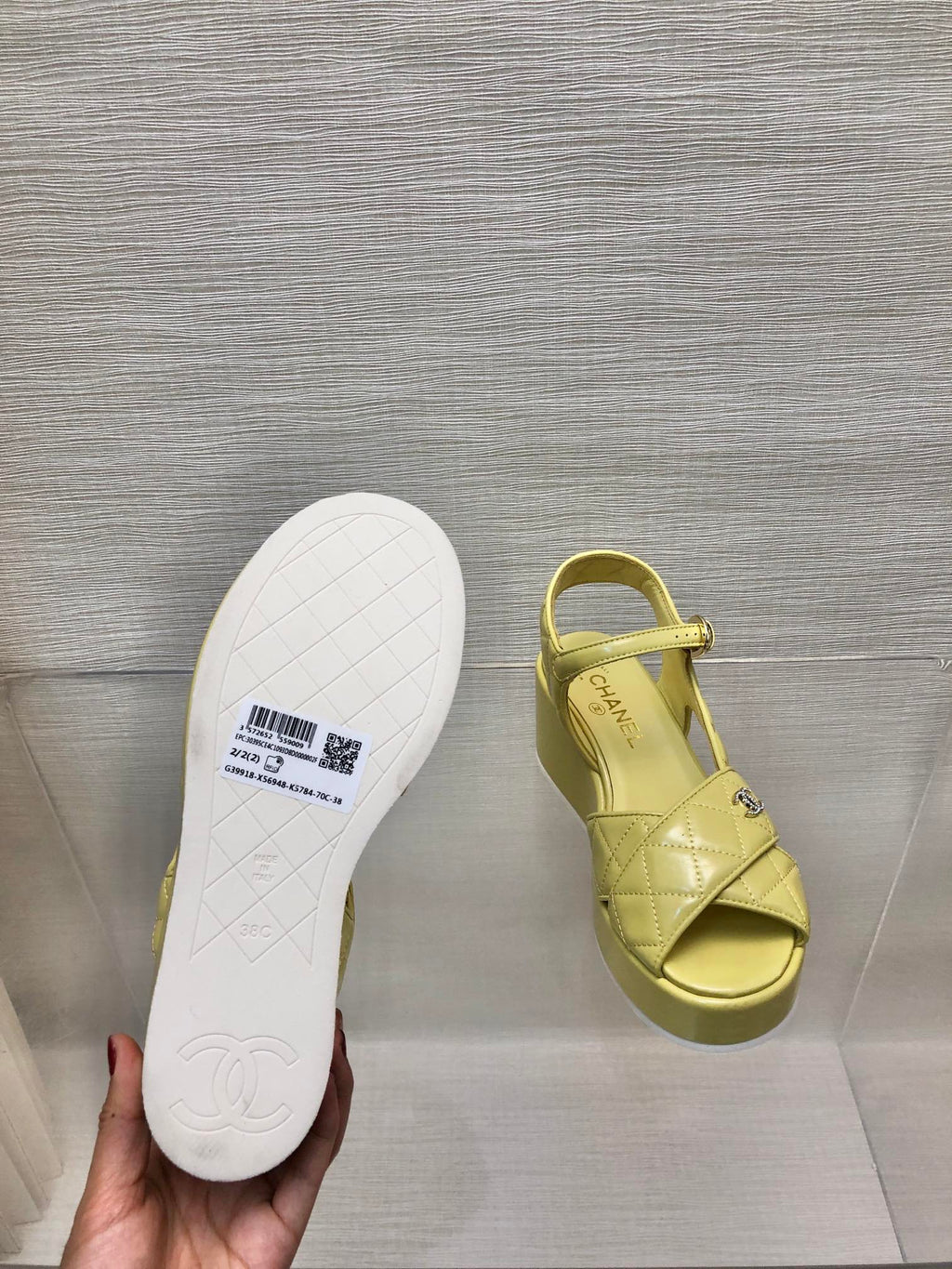CHANEL WEDGE SANDALS IN YELLOW CREAM CALFSKIN