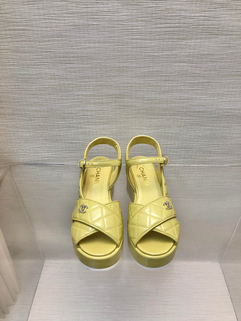 CHANEL WEDGE SANDALS IN YELLOW CREAM CALFSKIN