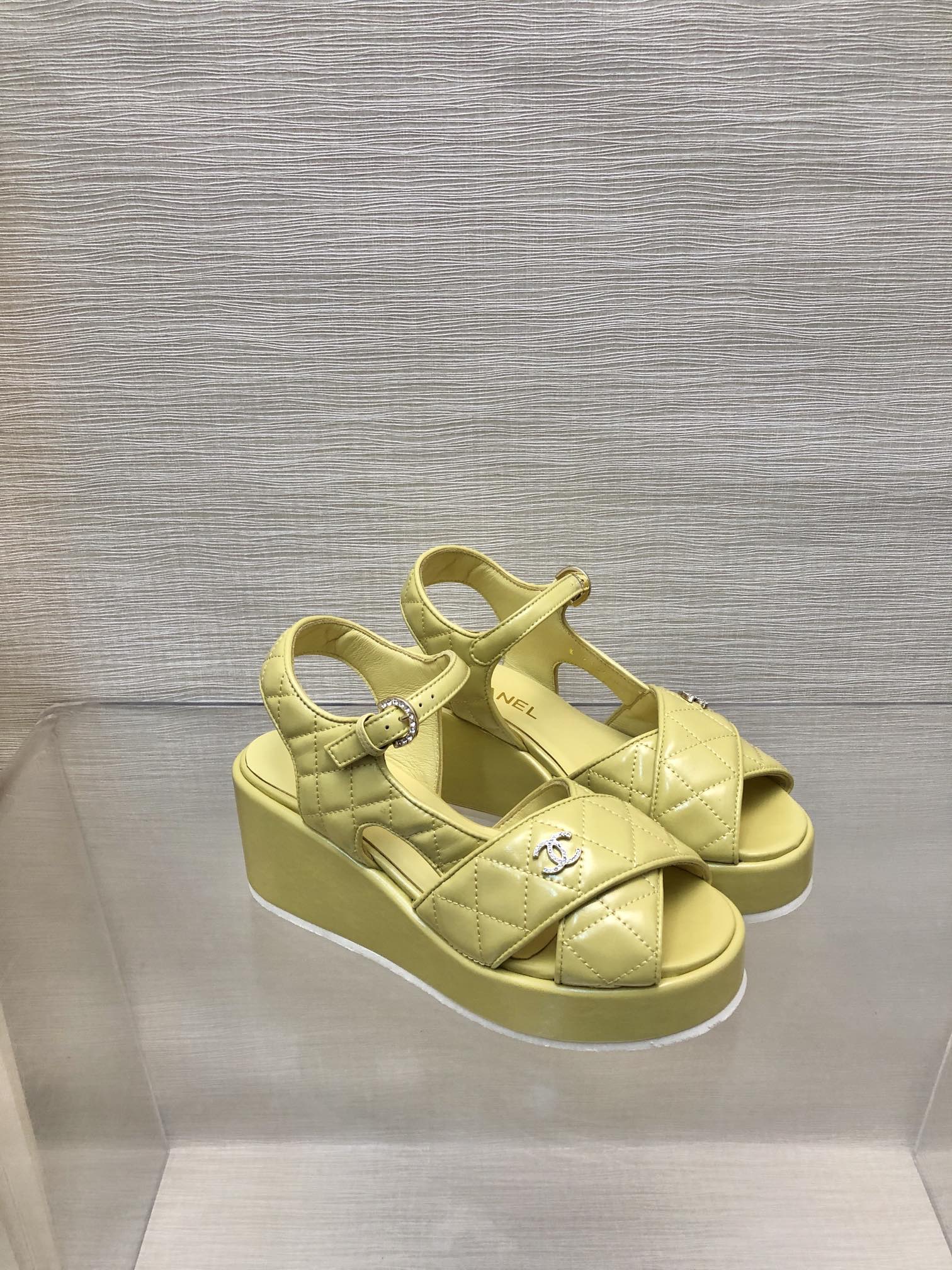 CHANEL WEDGE SANDALS IN YELLOW CREAM CALFSKIN