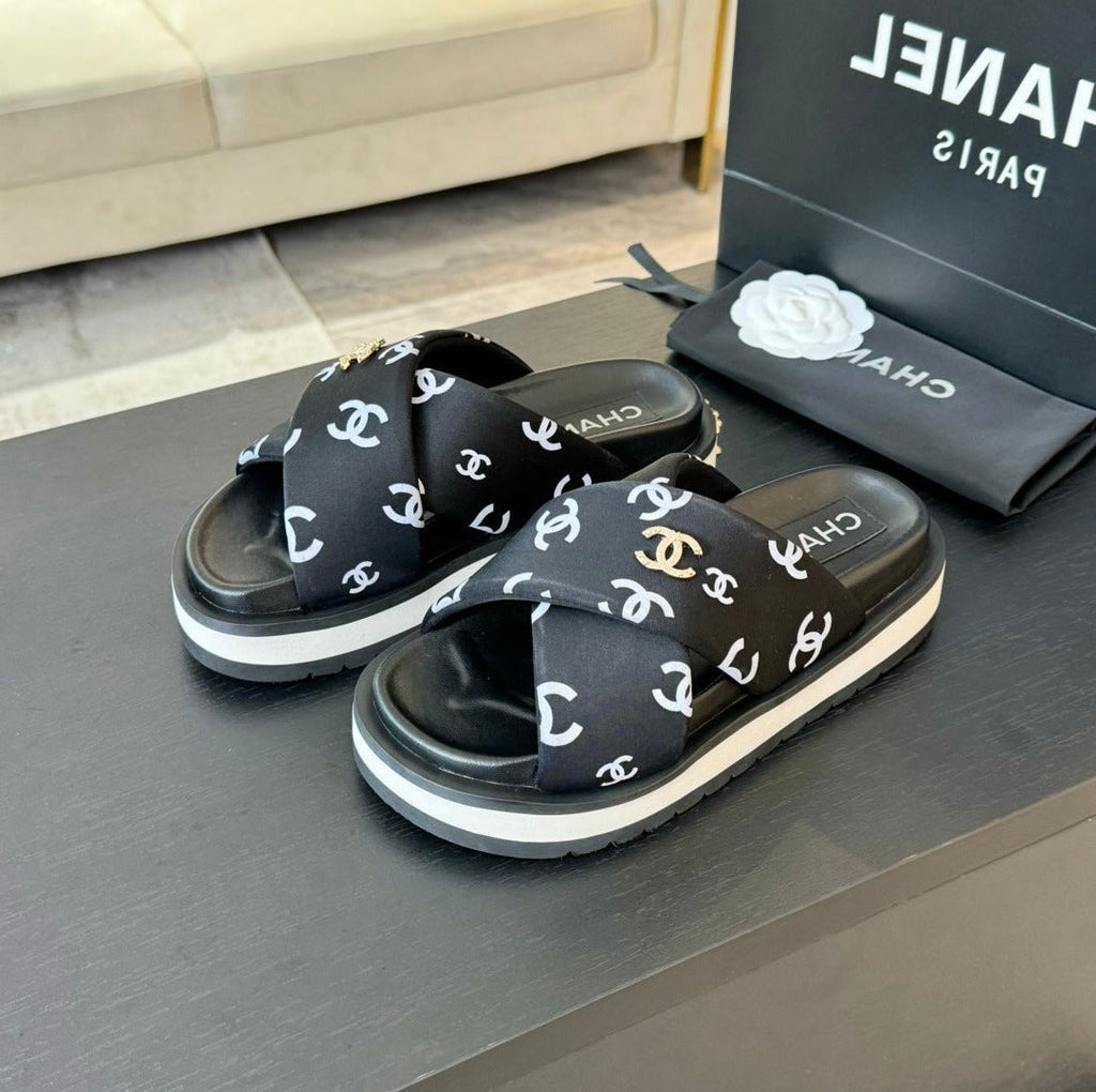 CHANEL Cross Straps Mule Sandals Lambskin Black