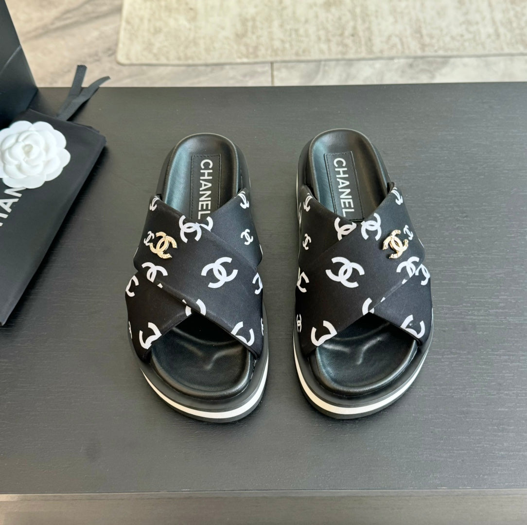 CHANEL Cross Straps Mule Sandals Lambskin Black