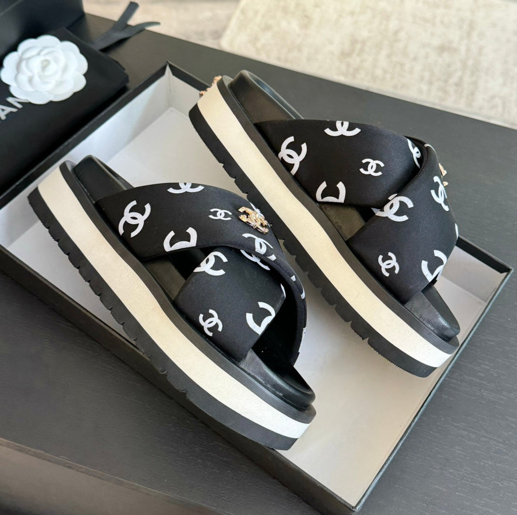 CHANEL Cross Straps Mule Sandals Lambskin Black