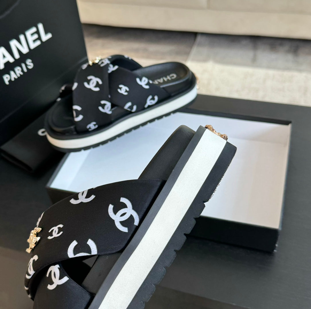 CHANEL Cross Straps Mule Sandals Lambskin Black