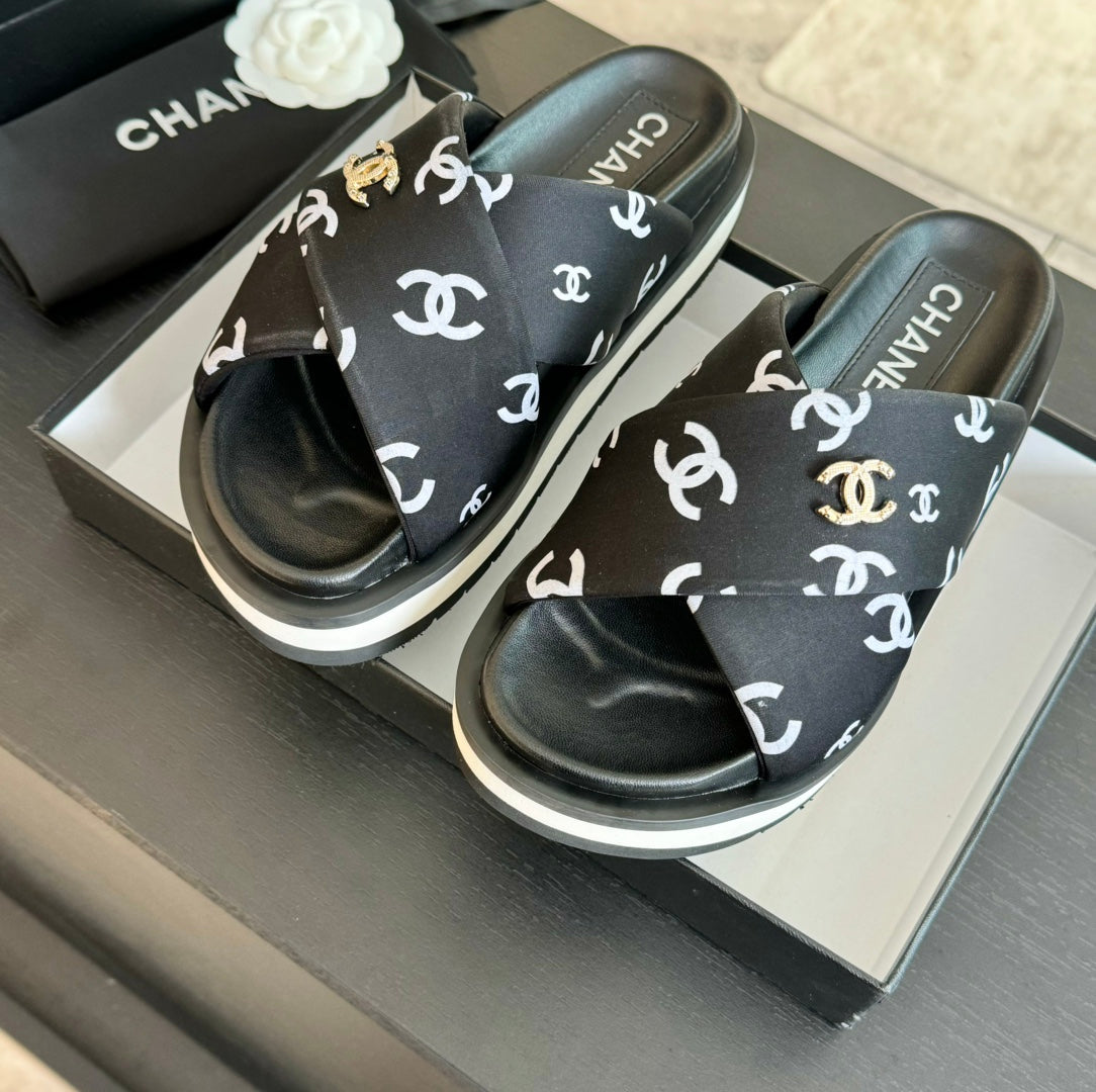 CHANEL Cross Straps Mule Sandals Lambskin Black