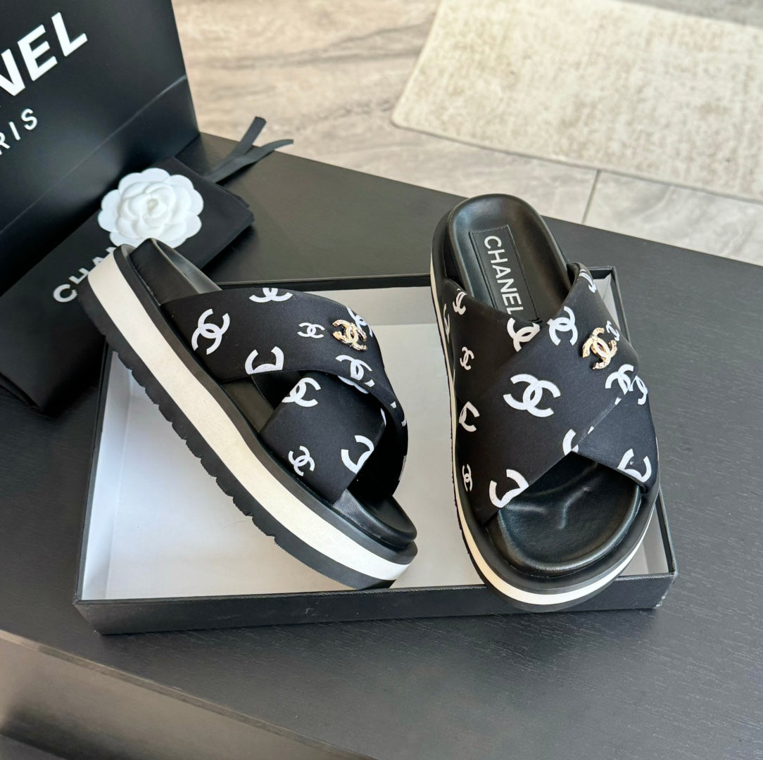 CHANEL Cross Straps Mule Sandals Lambskin Black