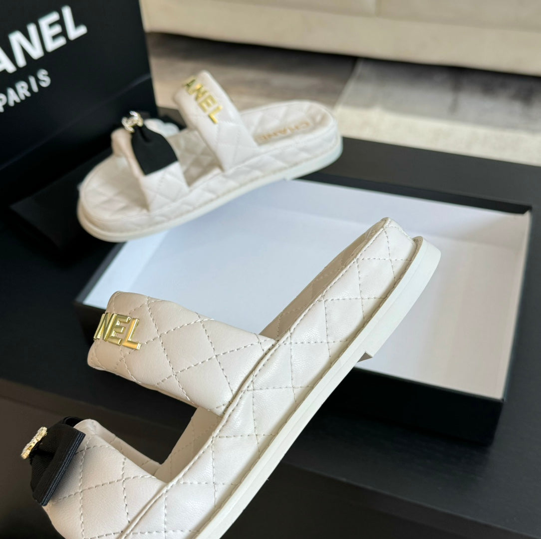 CHANEL Mule Sandals Lambskin White Black