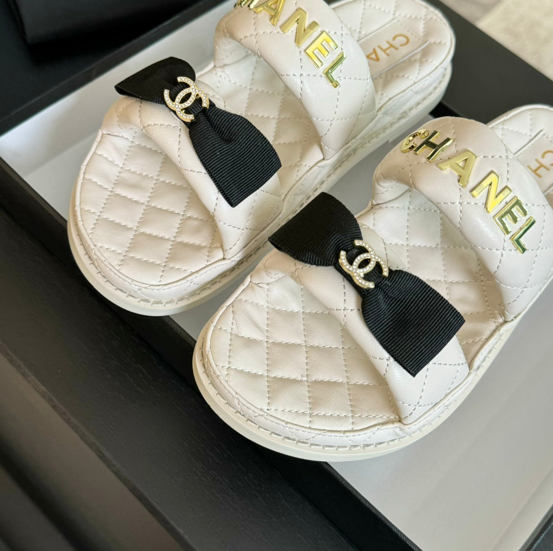 CHANEL Mule Sandals Lambskin White Black