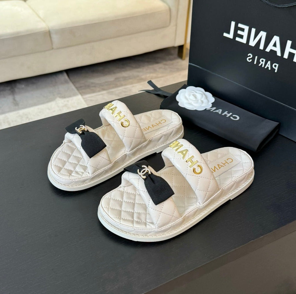 CHANEL Mule Sandals Lambskin White Black