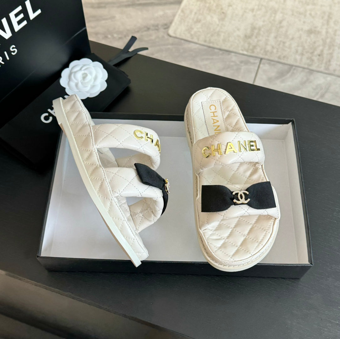 CHANEL Mule Sandals Lambskin White Black