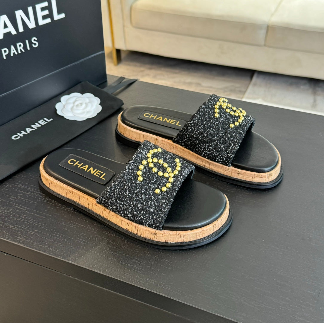 CHANEL Double C Wood Grain Platform Slippers Black Wool