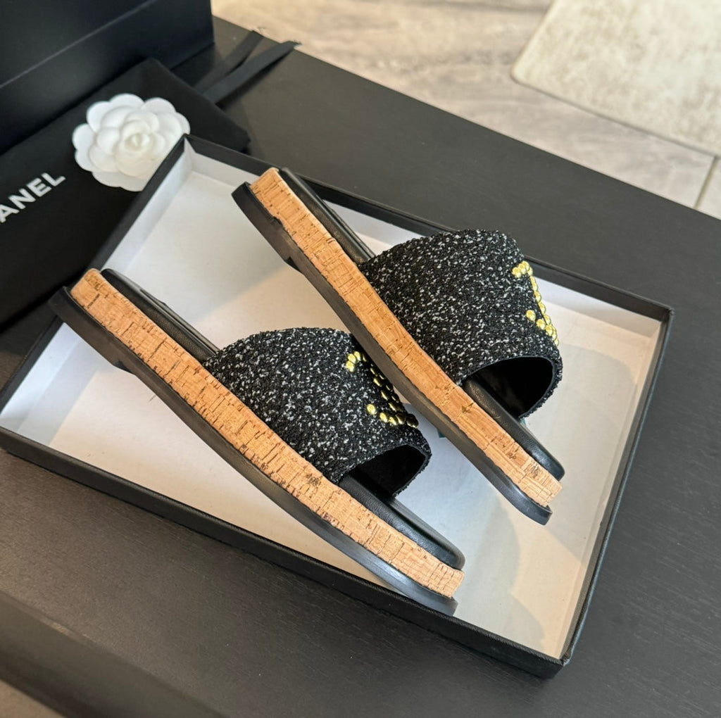 CHANEL Double C Wood Grain Platform Slippers Black Wool