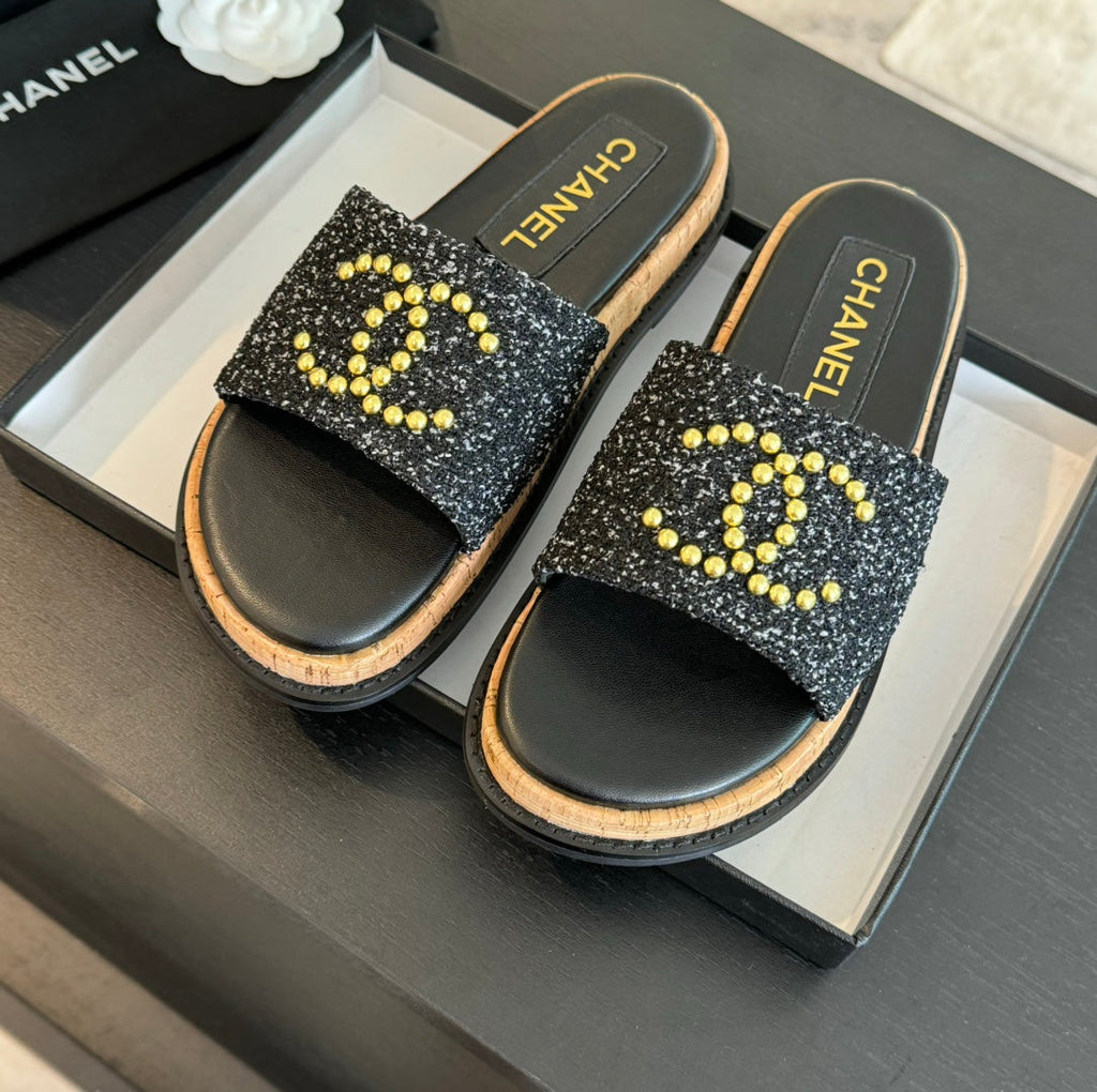 CHANEL Double C Wood Grain Platform Slippers Black Wool