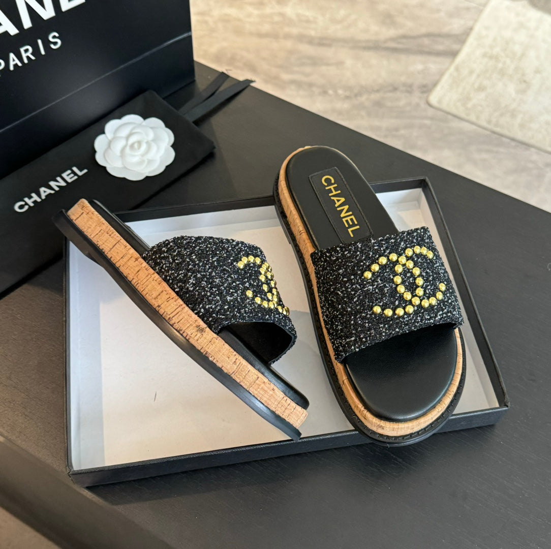 CHANEL Double C Wood Grain Platform Slippers Black Wool