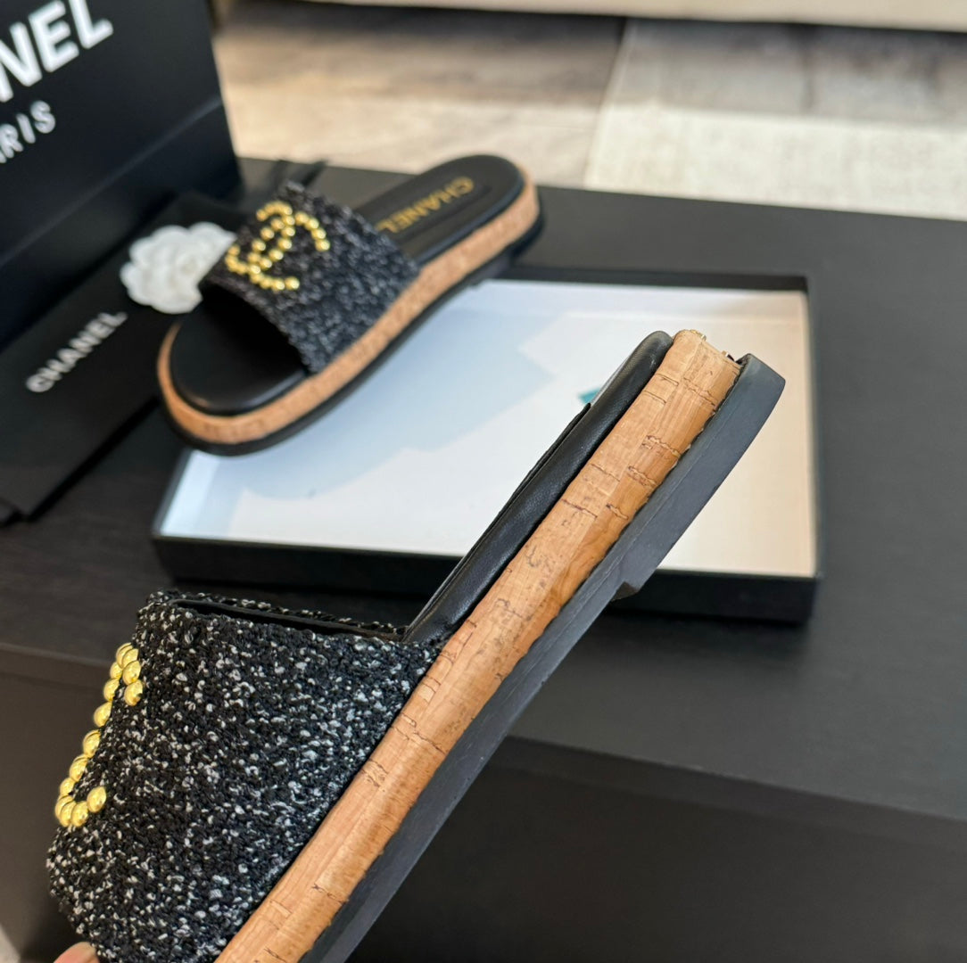 CHANEL Double C Wood Grain Platform Slippers Black Wool