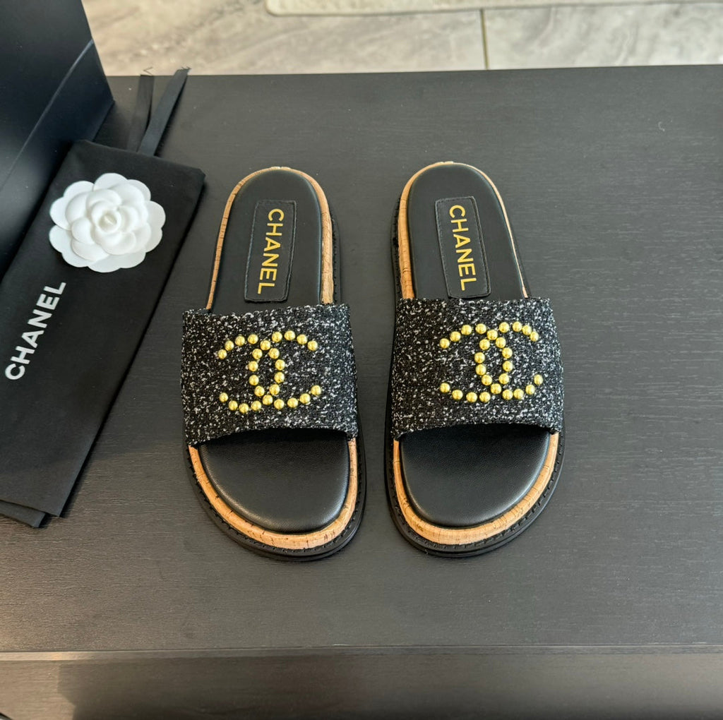 CHANEL Double C Wood Grain Platform Slippers Black Wool