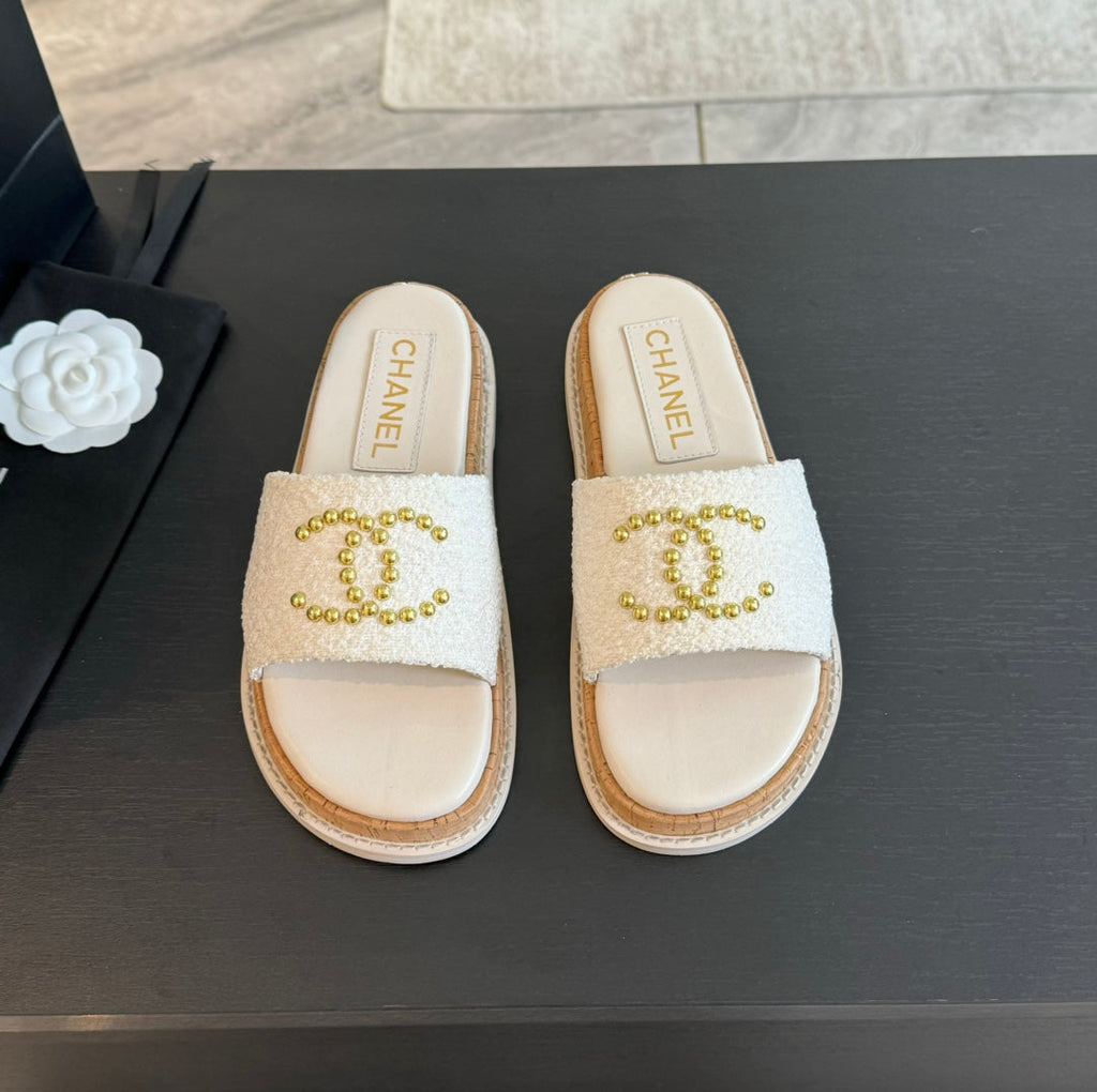 CHANEL Double C Wood Grain Platform Slippers White Wool