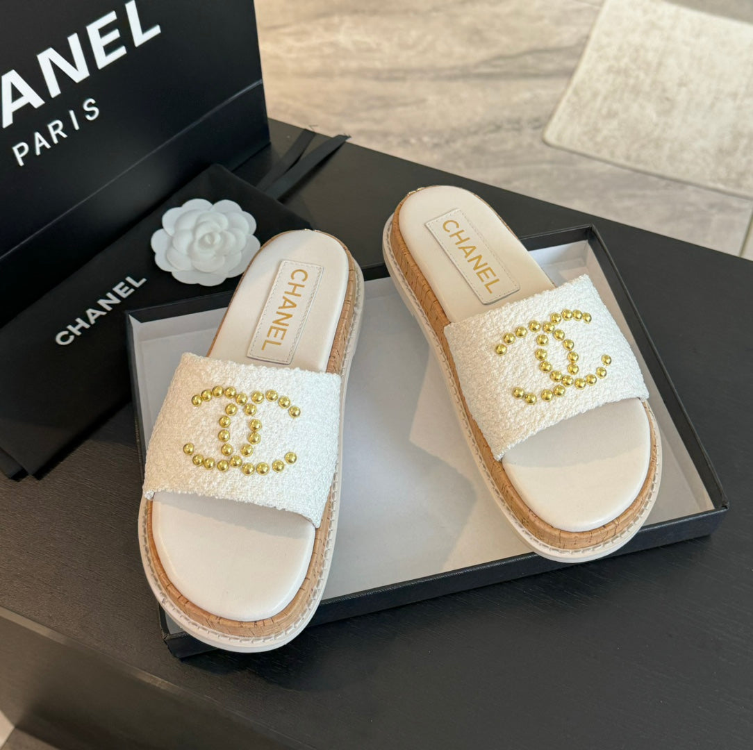 CHANEL Double C Wood Grain Platform Slippers White Wool