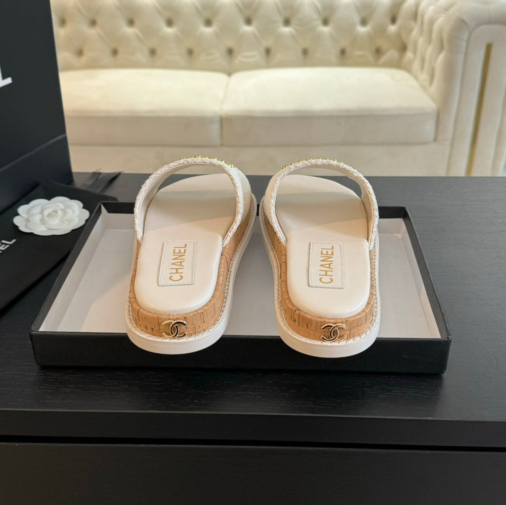 CHANEL Double C Wood Grain Platform Slippers White Wool