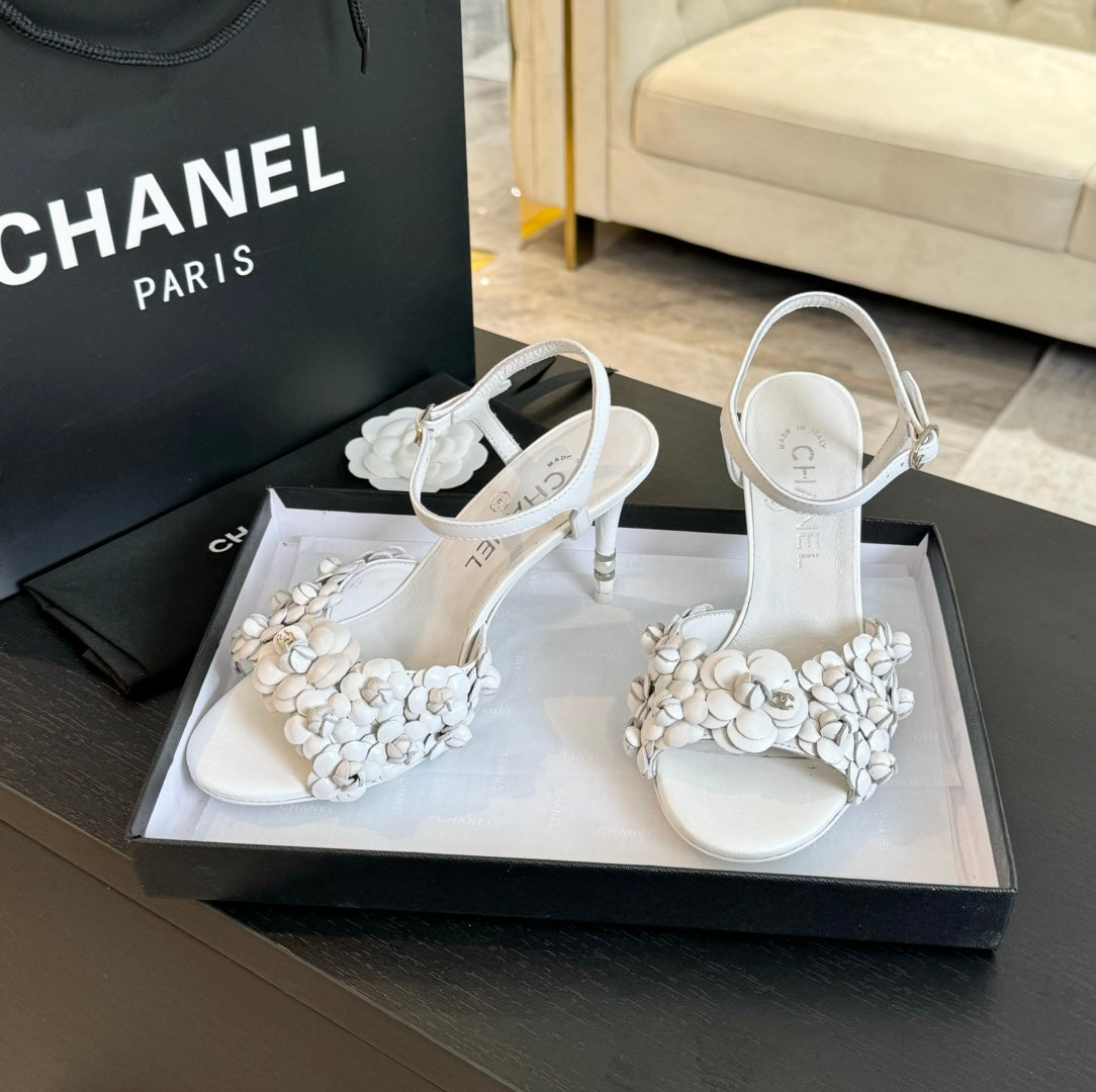CHANEL Little Camellia World Thin High Sandals White Lambskin