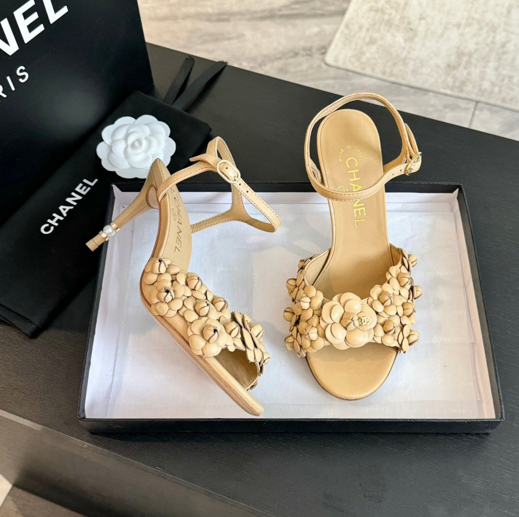 CHANEL Little Camellia World Thin High Sandals Tan Brown Lambskin