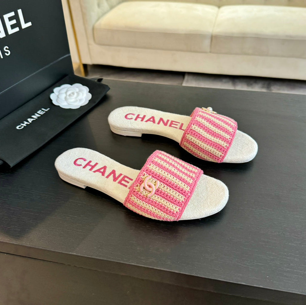 CHANEL Double C Sheepskins Knit Slippers White Pink